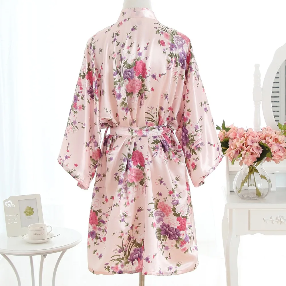 Puseky Шелковый Атласный цветочный Вишневый халат для свадьбы, невесты, подружки невесты пижамы Короткое Кимоно халат ночная ванна халат для женщин