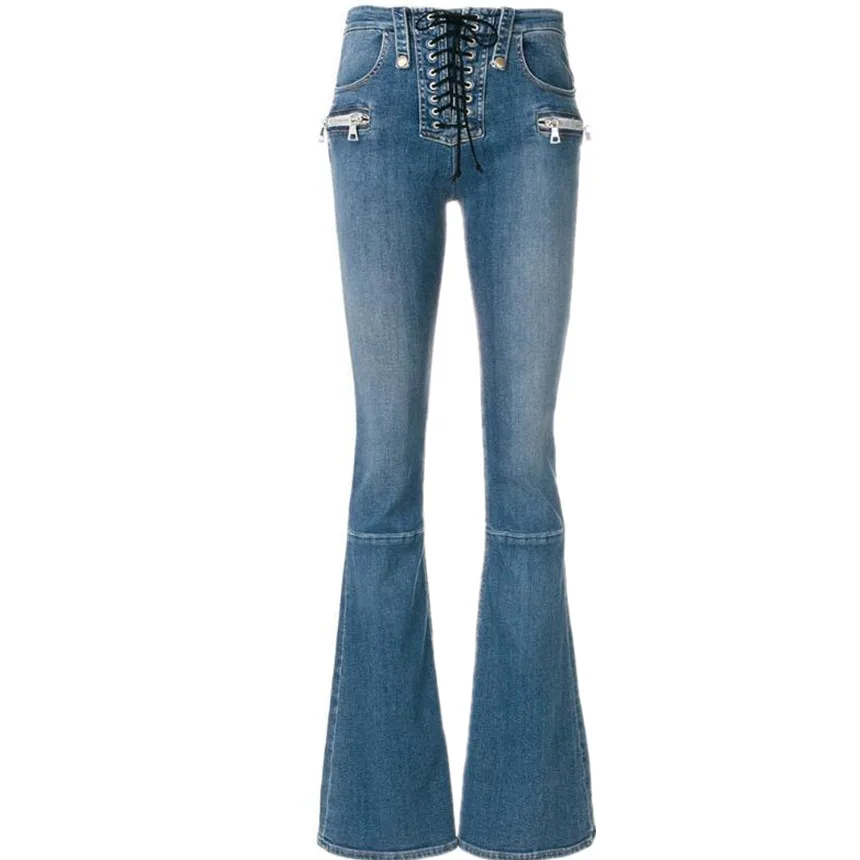 Женские расклешенные джинсы на шнуровке с высокой талией, осень, обтягивающие джинсы на молнии в стиле ретро