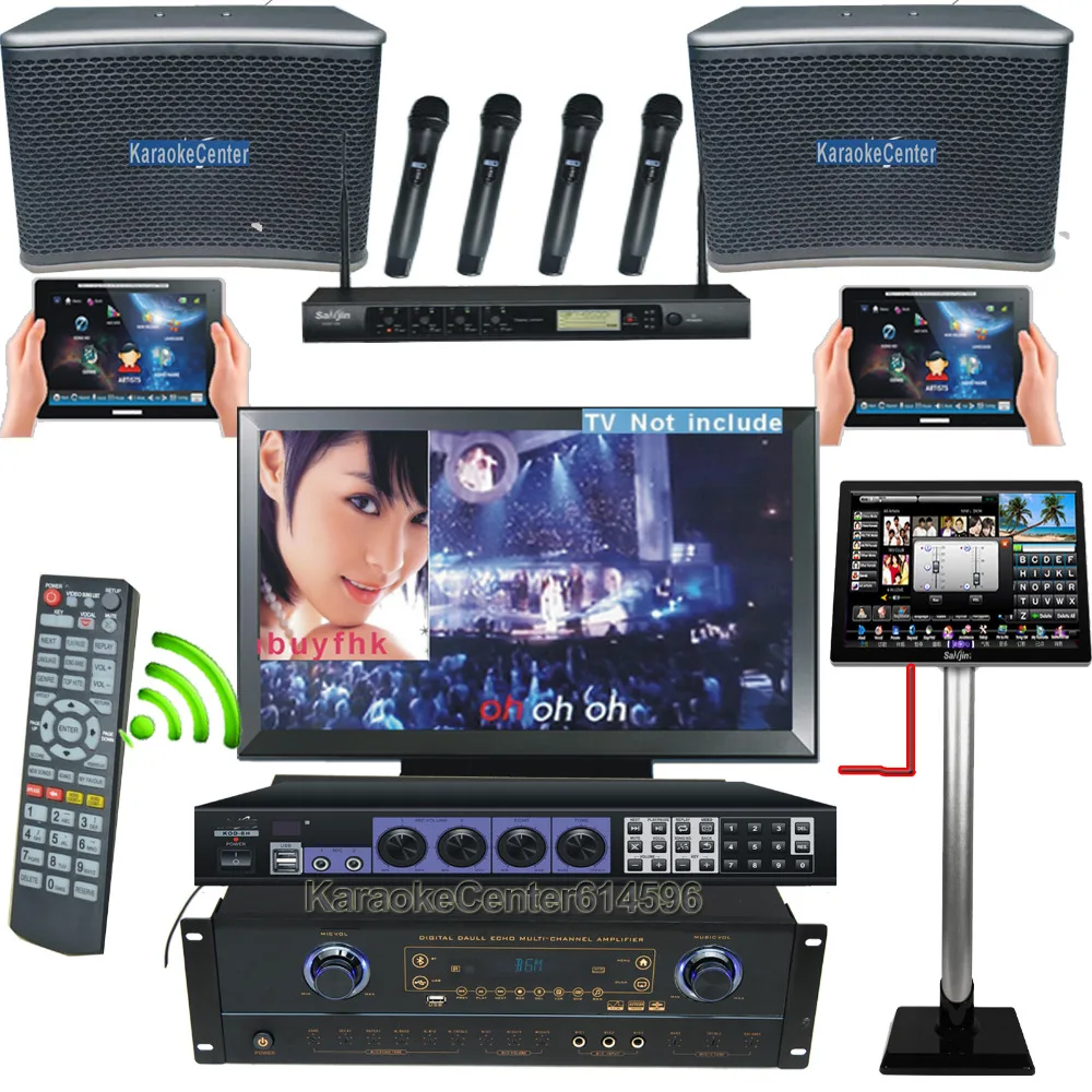 

Recordable Commercial Karaoke System,2 Wireless Touch screen,1 Cable touch screen,Support 4 TV Screen HDMI output, All in one