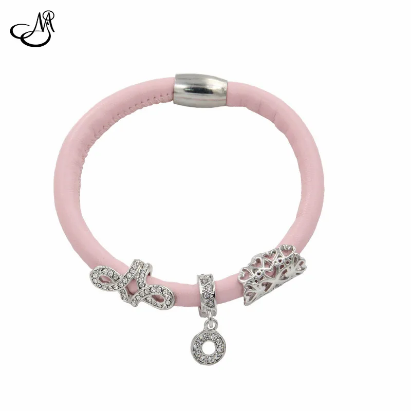 Fashion Endless Bracelets 20cm Pink Wrap Leather Bracelet with 3pcs