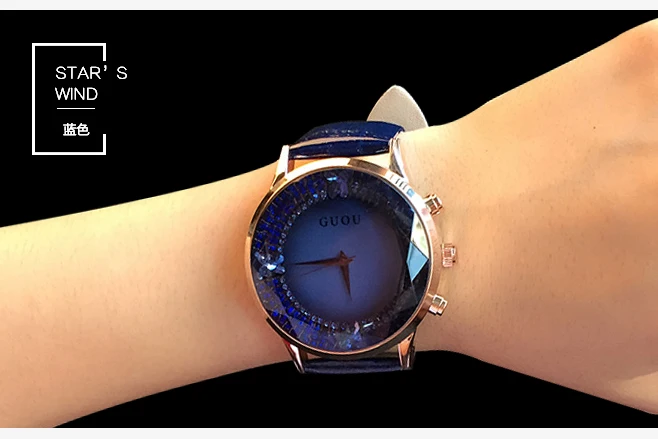 Бренд HK GUOU, кварцевые женские часы, стразы, водонепроницаемые, женские часы из натуральной кожи, высококлассные, с большим циферблатом, роскошный подарок, наручные часы - Цвет: Синий
