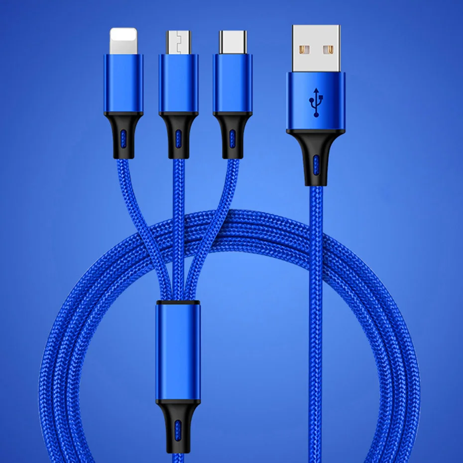 3 в 1 USB кабель для мобильного телефона Micro usb type C кабель зарядного устройства для iPhone samsung 6 зарядный кабель Micro USB шнур зарядного устройства - Цвет: Blue