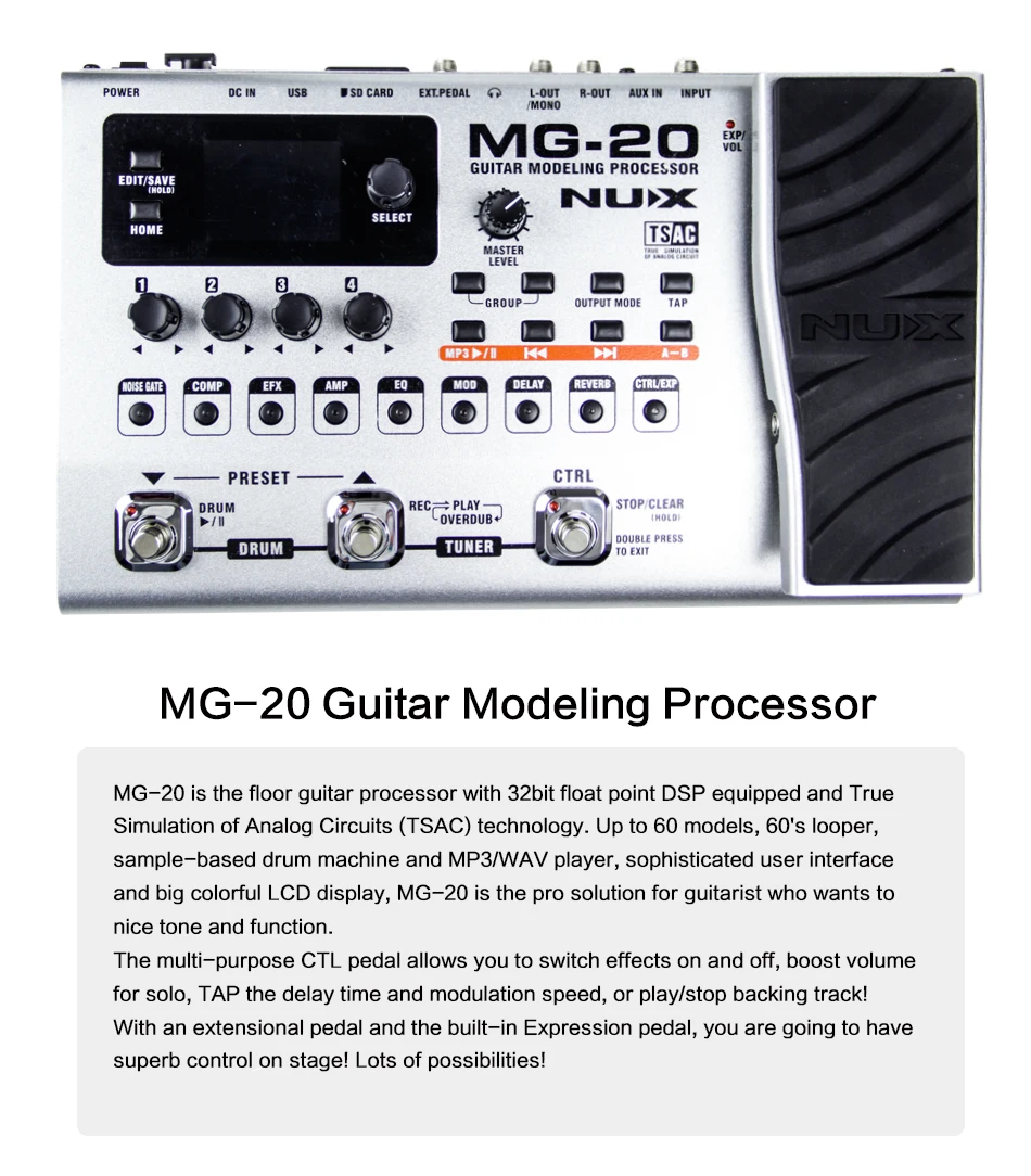 NUX MG-20 процессор моделирования гитары 2,4 дюймов цветной TFT lcd Встроенный тюнер CTRL Footswitch
