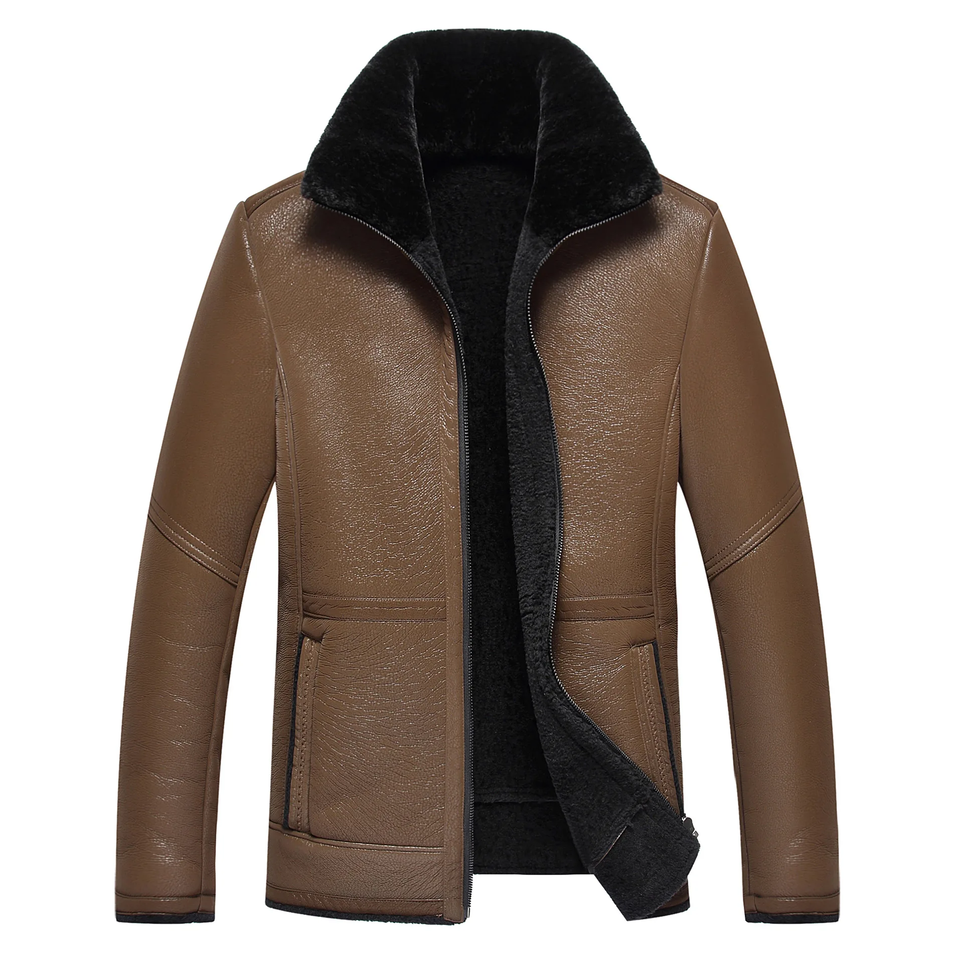 Mens Jacket Autumn And Winter New Self Cultivation Fur One Motorcycle Jacket Warm Plus Velvet Solid Color Lapel Short coat Men