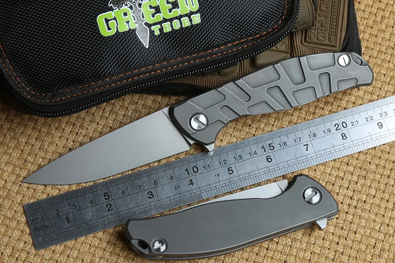 

Green thorn F95 Flipper folding knife bearing D2 blade TC4 Titanium handle outdoor camping hunting pocket fruit knife EDC tools