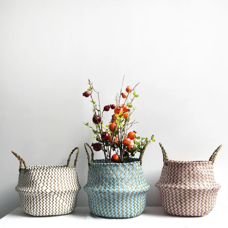

Handmade wicker storage basket collapsible laundry basket straw patchwork rieten mand seaweed striped flower basket