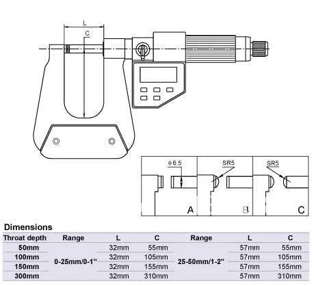 Микрометры с глубоким горлом. Тип 0-25* 100mm. 1-2inch.Quality goods.233-03-040