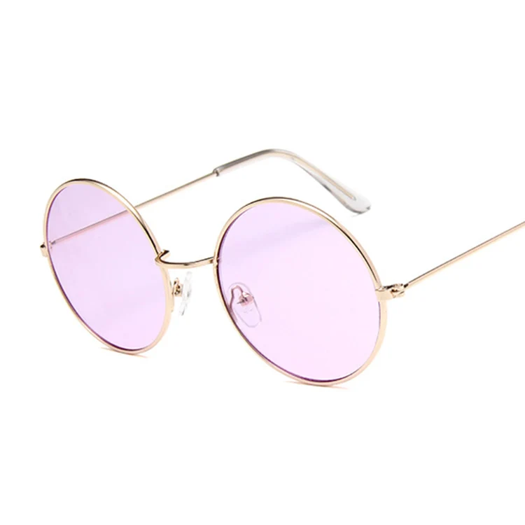 Круглые маленькие солнцезащитные очки для женщин, фирменный дизайн, винтажные металлические недорогие солнцезащитные очки для женщин, высококачественные очки в стиле ретро, круглые очки - Цвет линз: GoldPurple