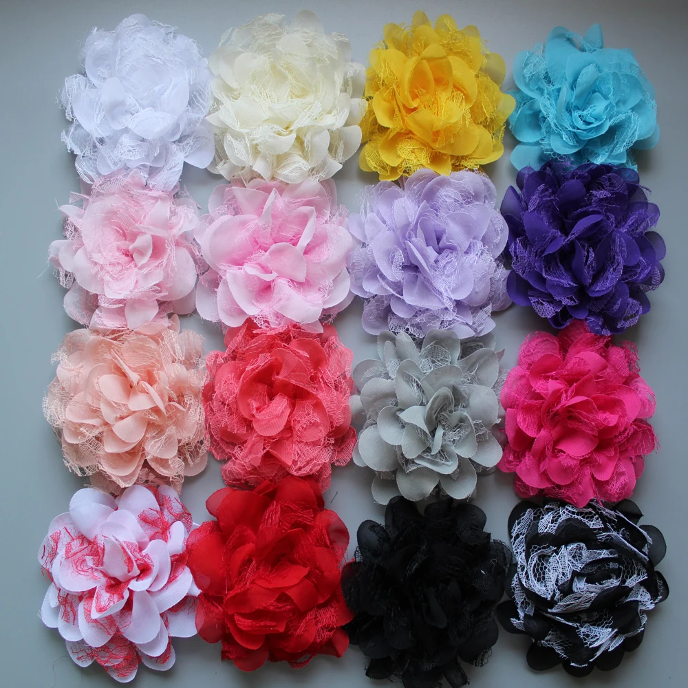 

5pcs/lot Wholesale baby girl 3.94" gauze flowers without clips for hair crochet headband 15 Colors for choose Freeshipping