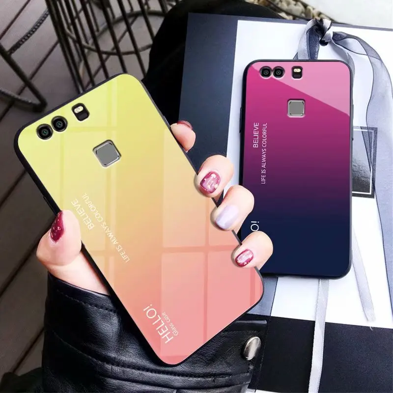 For Huawei P9 P9Plus Case Luxury Hard Tempered Glass Fashion Gradient Protective Back Cover case For huawei p9 plus shell