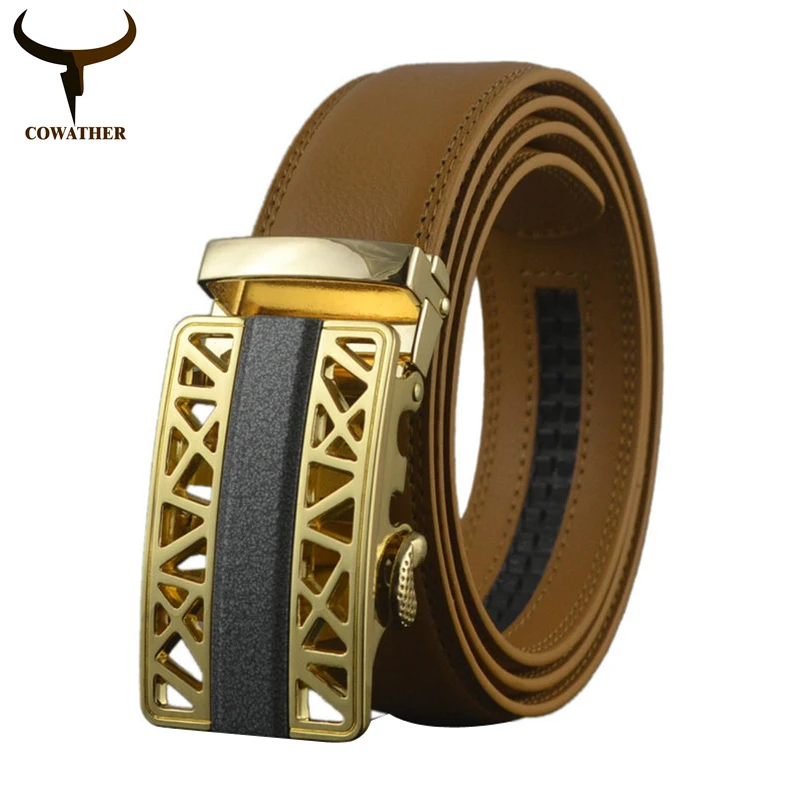 

COWATHER fashion cow Genuine Leather Waist Strap men Belts for men Automatic Buckle yellow cinturones hombre original brand