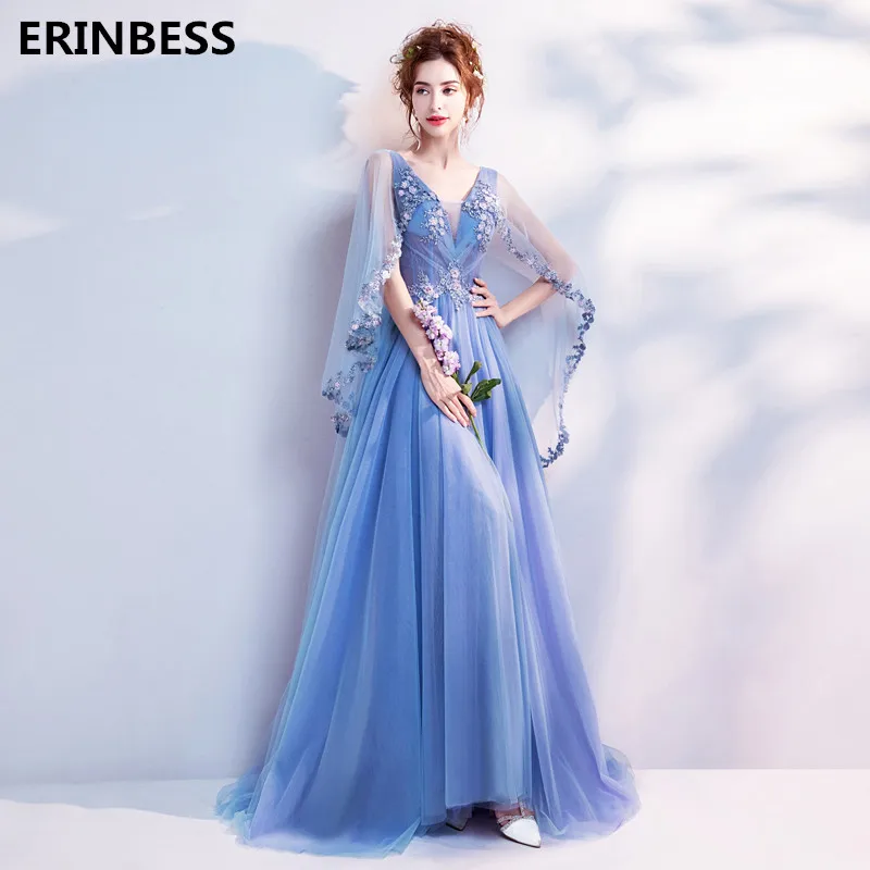 Vestido De Festa Blue Tulle With Appliques Evening Dresses Long Dress Prom Party Gowns 2019 Robe De Soiree V-Neck Evening Dress