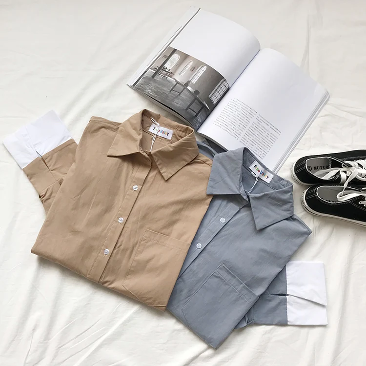 Goede 2 kleuren 2019 lente patchwork mouw lange mouwen losse blouses dames shirts vrouwen tops (F3619)