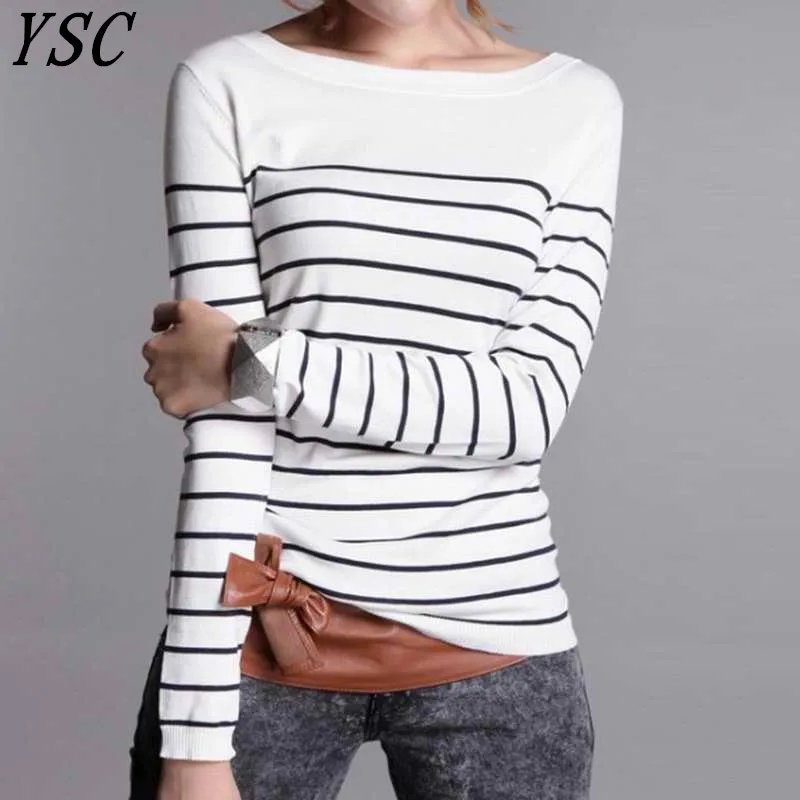 YSC Лидер продаж классический стиль Женский вязаный кашемировый шерстяной свитер в черно-белую полоску Теплые высококачественные пуловеры - Цвет: Белый
