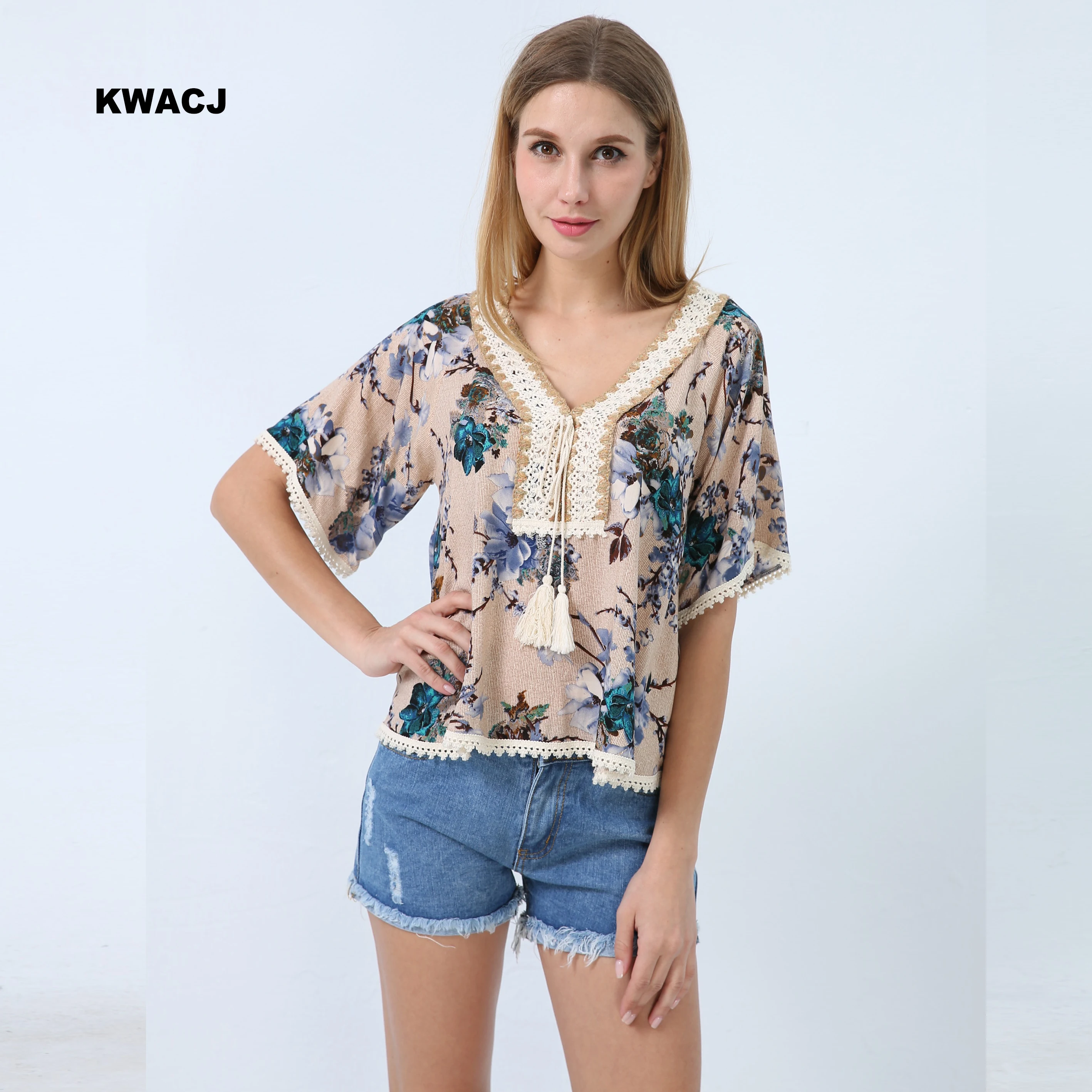 

KWACJ Vintage Floral Print Women Blouse 2019 Summer Beach Boho Lace V-Neck Short Sleeve Loose Shirt Ladies Bohemian Casual Tops
