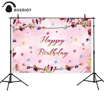 

Allenjoy photography backdrop birthday spring pink floral butterfly prop fabric photography backdrop photocall photobooth