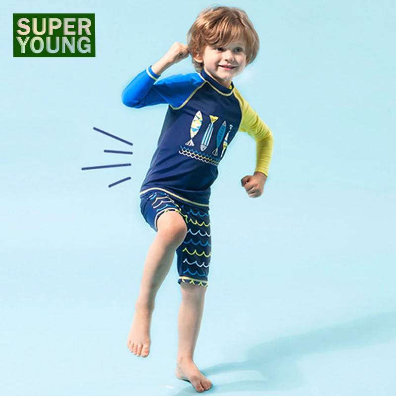 

Sunscreen Rashguard Toddler Boys Cartoon Fish Two Piece Swimsuit Kids Swim Shorts Swimwear Children Surf Bathing Suit Beach Wear