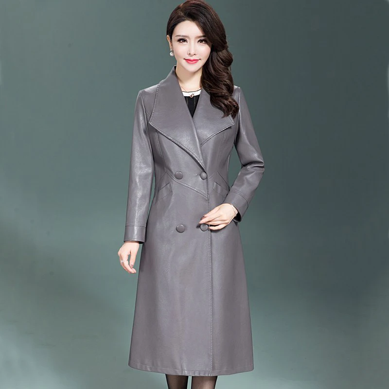 

2019 Top New Pockets Jaqueta De Couro Jaqueta Couro Feminina Long Leather Women's Coat Large Size Female Double-breasted Trench