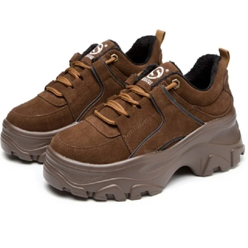 

Genuine Leather Women's Platform Sneakers 2019Winter Warm Women Chunky Sneaker Fashion Thick Sole Ladies Flat Dad Shoes