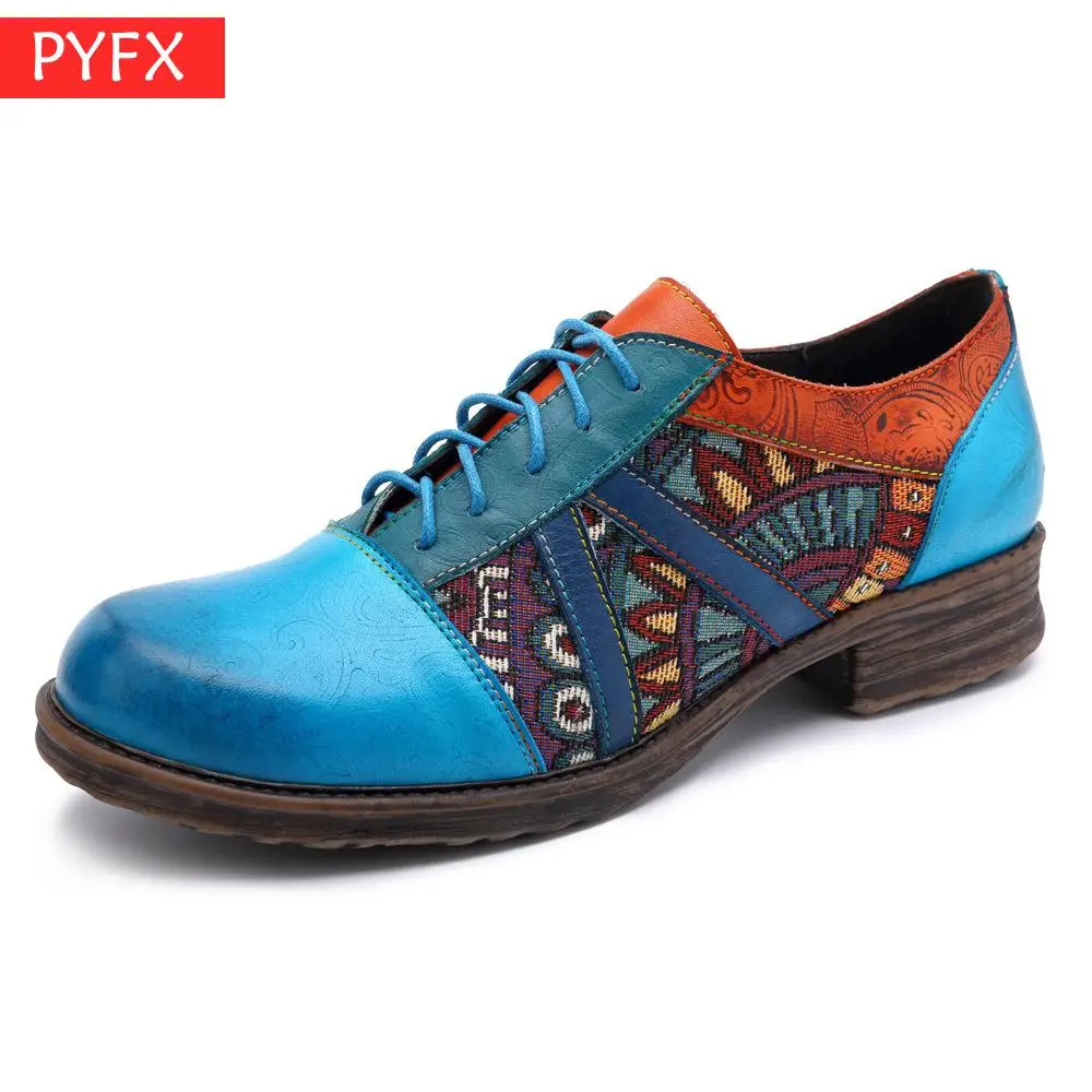 

2019 new leather cowhide female Brock craftsman hand-brushed stitching female treasure blue flat shoes Carving decorative patter