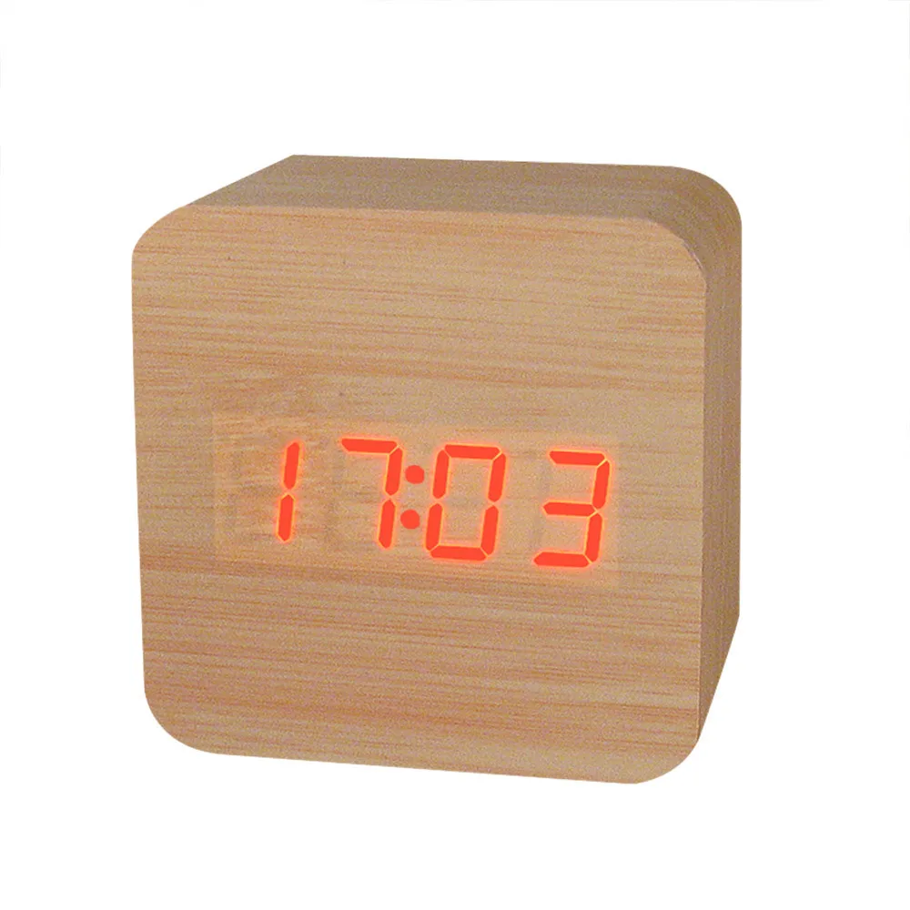 

Wooden LED Clock Creative Temperature Display Sounds Control Electronic LED Alarm Clock home decor Drop shipping household