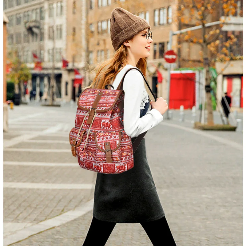 

Women Bohemian Ethnic Bag Boho Hippie Bucket Travel Backpack Cotton Fabric Bag Canvas Pockets National Large Bags Laptop Mochila