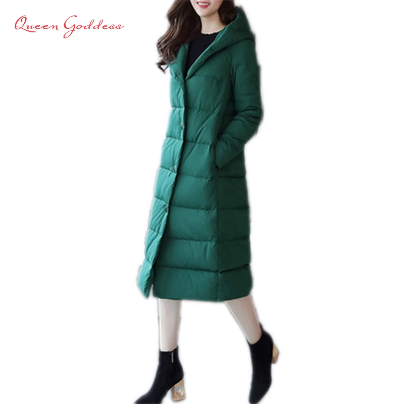 

2018 winter new listing green solid color women long down jacket womens fashion outwear elegant parkas with hooded causal style
