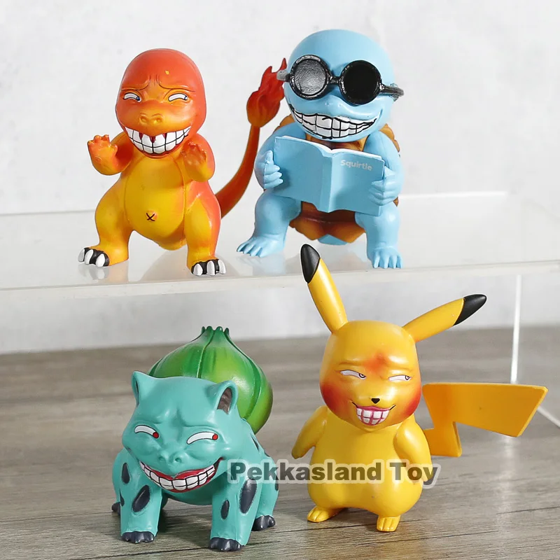 

SET of 4 Game Freak Monste Pikachu Charmander Bulbasaur Squirtle Figure Statue Smile Wretched Detective Anime Doll Toys
