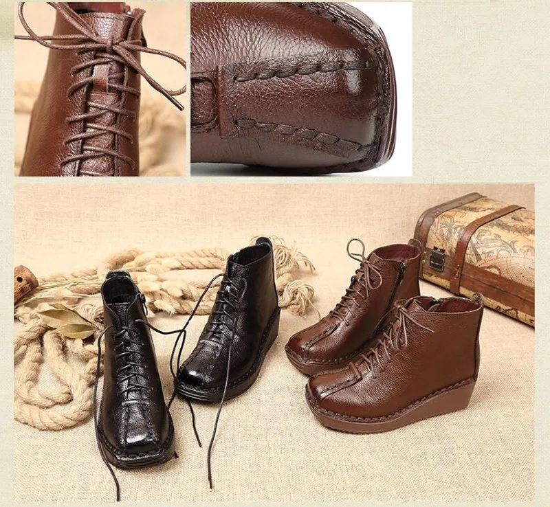 Г. Новые осенне-зимние ботинки женская обувь ботинки из воловьей кожи на шнуровке в стиле ретро Нескользящие удобные бархатные женские ботинки на танкетке