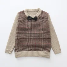 Британский стиль, Осень-зима, модная клетчатая галстук-бабочка для маленьких мальчиков, толстые бархатные вязаные свитера, Детская вязаная одежда для малышей