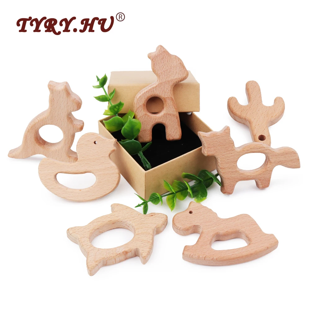 

TYRY.HU 50Pcs Animal Shaped Beech Wooden Teether Chewed Baby Teethers Infants Teething Toys Baby Rattle Accessories Shower Gifts