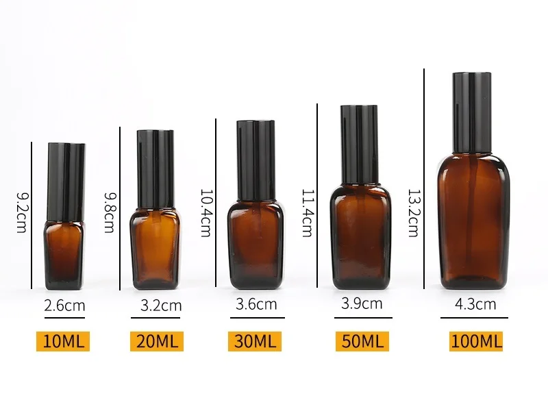 Essential Oil Bottles Square Amber Bottle Black Cap Spray lotion Pump 10ml 30ML 50ML size