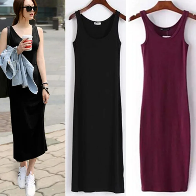 

2019 New Hot Selling Sexy O Neck Stretch Sleeveless Midi Dress 2016 New Women AA Vintage Package Hips Long Tank Dresses