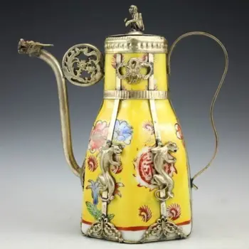 

Exquisite Chinese Antique Porcelain yellow Teapot Inlaid with Tibetan Silver Animal Statue