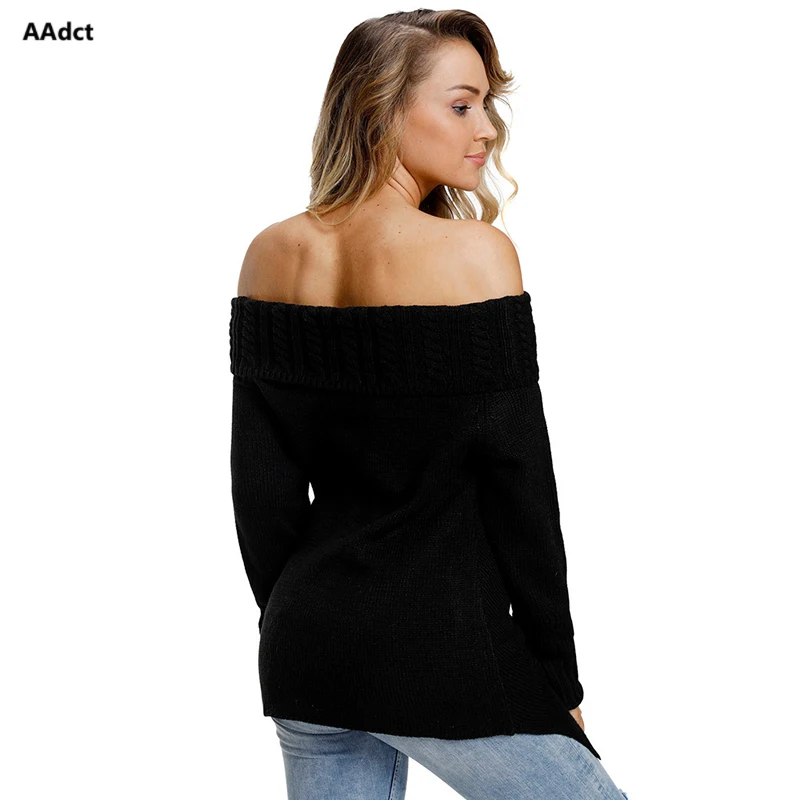 AAdct 2018 New Sweater Women's Fahion Pullover Ribbed Knit Sexy Slash collar Long Sleeve Hem Asymmetrical Design Sweater female Sweaters