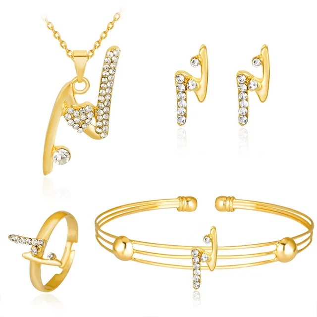 Jewelry Chain Necklace Bracelet Earring Ring Sets Trendy Jewelry Chain Necklace Bracelet Earring Ring Sets Trendy Clear Crystal Letter N Pendant Rings