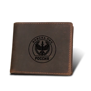 

Fashion Man's Wallet Cowhide Purses Functional Card Holders Engraved troops of pto Russia antiaircraft defense Short Wallet Male