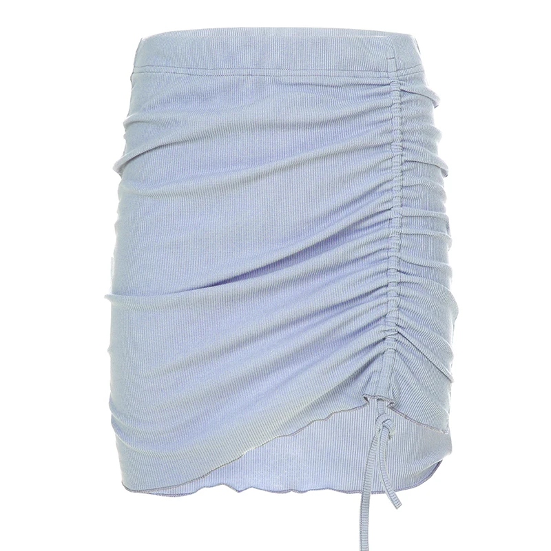 Корейские повседневные Мини пляжные юбки Женский Галстук повязка с высокой талией юбка Ruched Bodycon летняя юбка женская синяя E850