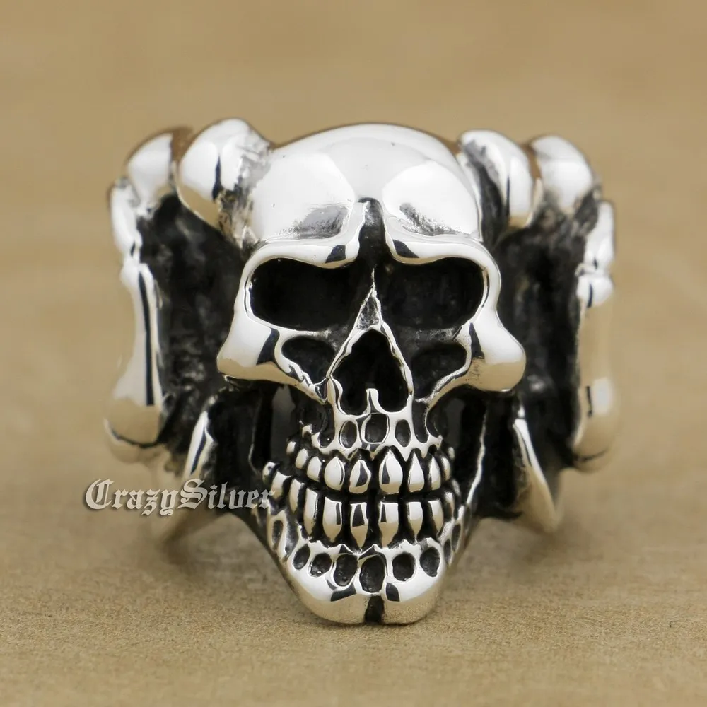 

925 Sterling Silver Argali Skull Mens Biker Punk Ring 9W002 US Size 7.5 to 13