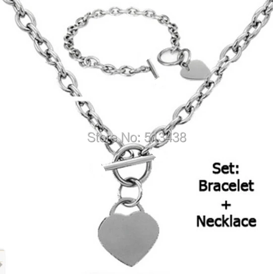 

Polished Stainless Steel Heart Chain Necklace and Bracelet Set Fashion Women Jewelry Set Silver Tone
