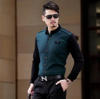 

New Autumn Mens Business Fashion Long Sleeve Patchwork Style Contrast Color Casual Shirts