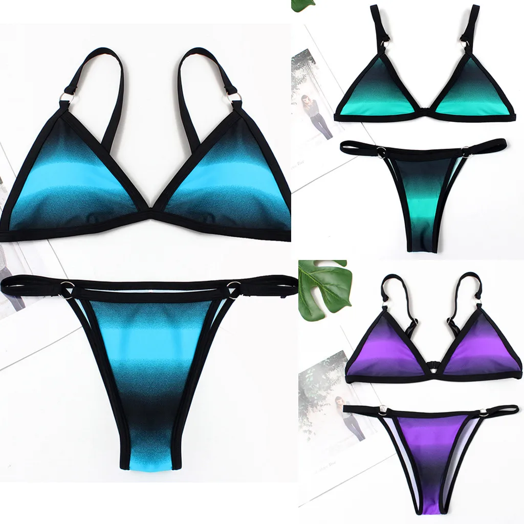 

Women's Two Pieces Low Waist Swimsuit Print Floral Blue Purple Gradient Bikini Sexy Micro Split Bikini Bathing Suit Summer Beach