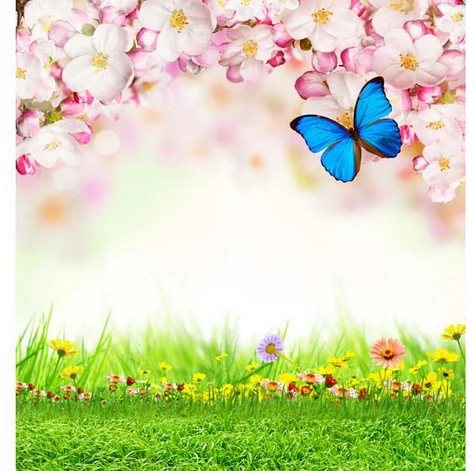 

8x8FT Spring White Light PInk Flowers Green Grass Garden Butterfly Custom Photo Backdrop Studio Background Vinyl 240cm x 240cm