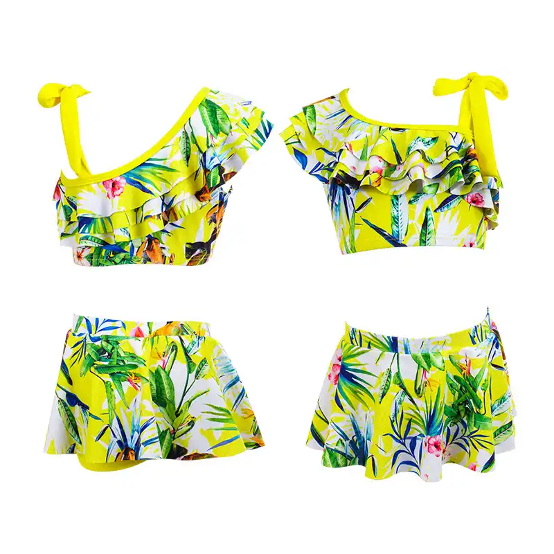 Kids Bathing Suits Girls Two Piece Pleats Print Bikini children Skirt
