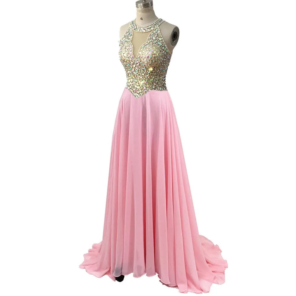Дубай новые роскошные сексуальные вечерние платья без рукавов линия бисер с бриллиантом вечернее шифоновое платье платья белое нарядное платье с круглым вырезом - Цвет: Розовый