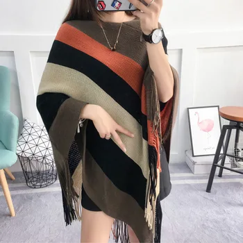 

Spring Autumn Scarf Women Striped Ponchos And Capes Bat Sleeve Women knitwear Pullover Sweater Tassels Loose Poncho Cloak Tops