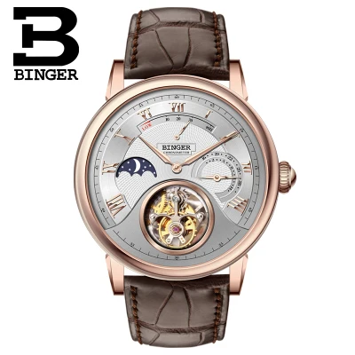 Оригинальные Роскошные Брендовые мужские механические часы BINGER TOURBILLON с ремешком из крокодиловой кожи Chronogra Sapphire водонепроницаемые наручные механические часы - Цвет: 80801-1