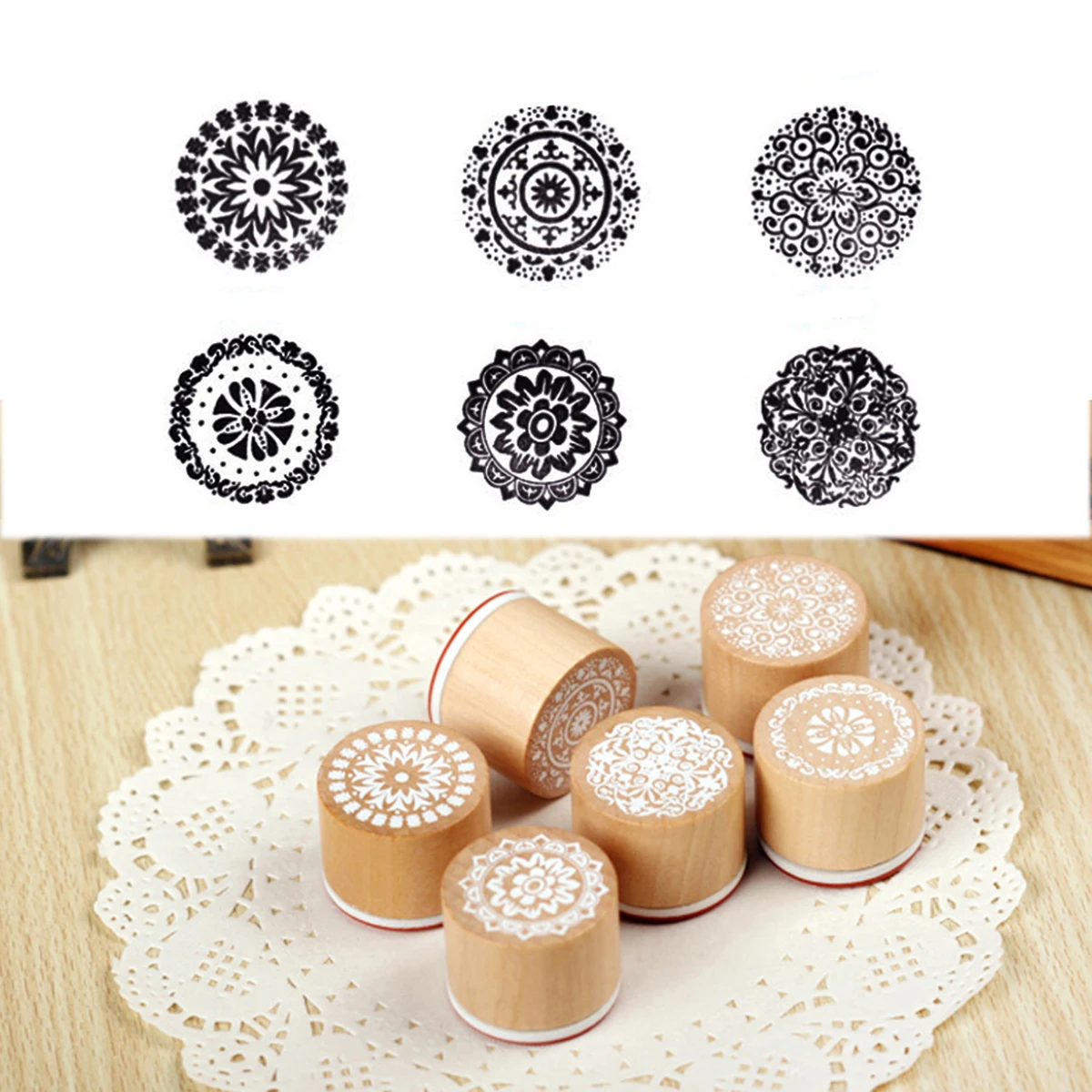 

6PCS Assorted Floral Vintage Style Round Shape Wooden Rubber Stamp (RS-01*1+RS-02*1+RS-03*1+RS-04*1+RS-05*1+RS-06*1)