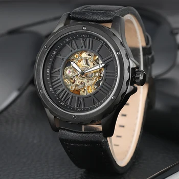 

Men's Retro Automatic-self-winding Mechanical Watch Hollow Out Arabic Numerals Dial Stainless Steel Skeleton Practical Leather