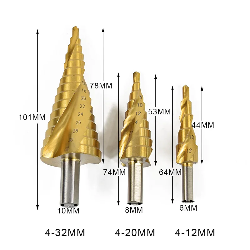 

Triangular shank spiral groove step drilling Triangular shank step drilling pagoda drill multi-purpose bit 4-32,4-20,4-12